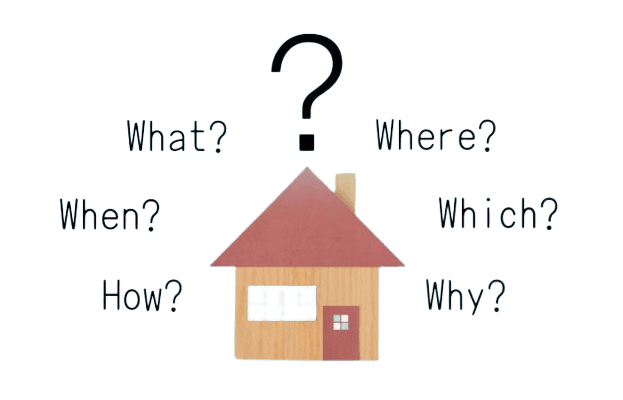 Home buyers asking questions about the what where how when which and why about real estate