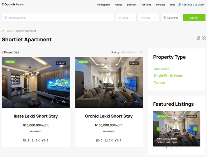 Oparah Realty Shorlet Listing Page - Real Estate Agents in Lagos