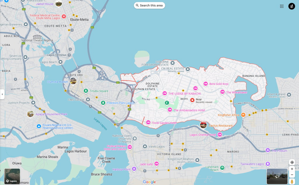 Google Maps showcasing the Area Size of Ikoyi, Lagos