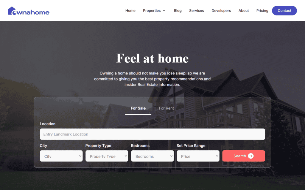 Ownahome.ng Website Homepage Real Estate Compaines in Lagos