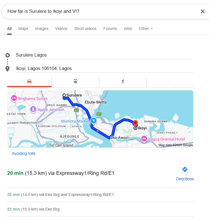 Map showing the travel route and distance from Surulere to Ikoyi and Victoria Island