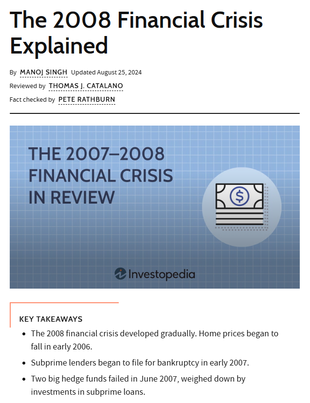 The 2008 financial crisis developed gradually. Home prices began to fall in early 2006